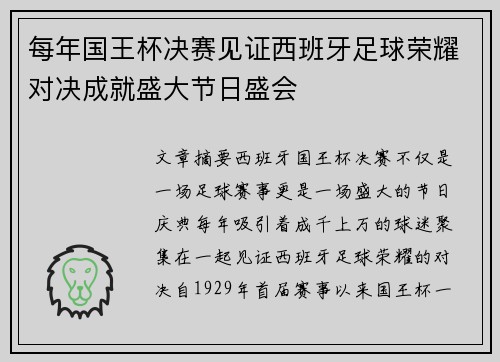 每年国王杯决赛见证西班牙足球荣耀对决成就盛大节日盛会