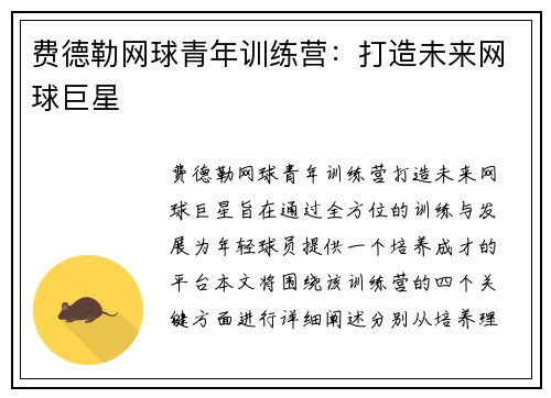 费德勒网球青年训练营：打造未来网球巨星